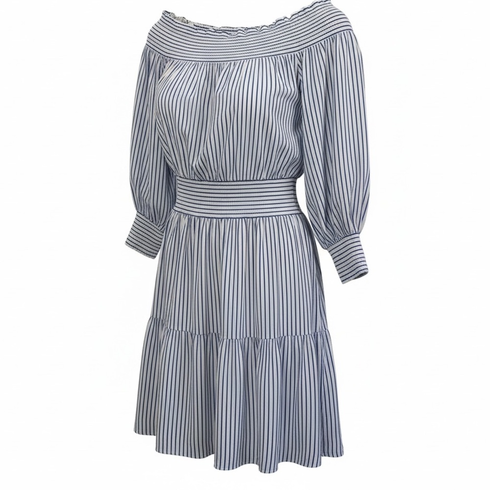 Gianni Bini Off-Shoulder Neckline, Smocked Waist Blouson Sleeves Tiered Dress
